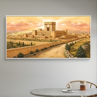 תמונת קנבס לרוחב המציגה את בית המקדש המפואר עם חומות עתיקות, עצים ירוקים ורקע שמיים בגווני ורוד-כתום.