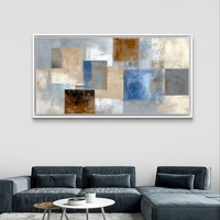 תמונת קנבס לסלון אבסטרקט גיאומטרי בגווני כחול, שמנת, אפור וקרמל, פורמט רוחבי