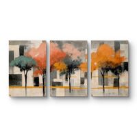 שלשת תמונות זכוכית עצים אבסטרקטיים בגווני כתום, אפרסק וטורקיז – דגם GG5473