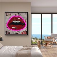 תמונת שפתיים ניאון ורוד – אמנות LED על סוללות עם שלט רחוק--מידה 83*83 ס