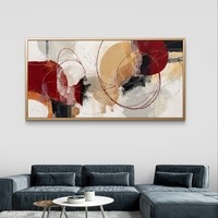 תמונת קנבס לרוחב בסגנון אבסטרקט עם מעגלים וקווים עדינים בגוונים חמים של אדום, בז’ וחרדל, לעיצוב סלון מודרני