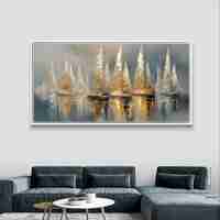 תמונת קנבס לרוחב עם סירות מפרש בגווני כחול ושמנת עם נגיעות זהב, משתקפות במים בעיצוב רגוע ויוקרתי לסלון.