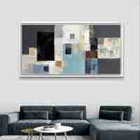 תמונת קנבס לרוחב בסגנון אבסטרקטי מודרני בגווני תכלת, אפור ובז’ בעיצוב נקי ויוקרתי לסלון