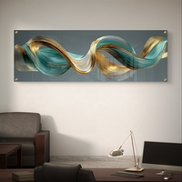 תמונת זכוכית פנורמית עם גל אבסטרקטי בגווני טורקיז וזהב בעיצוב מודרני ויוקרתי
