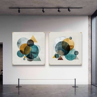 סט תמונות זכוכית מרובעות בגווני טורקיז וחרדל עם צורות גאומטריות — תכשיט לבית