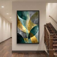 קימורים בטורקיז וזהב – תמונת קנבס אבסטרקט גיאומטרית בגווני ירוק, זהב ואפור | DC4471