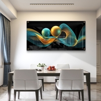 תמונת זכוכית לרוחב בעיצוב אבסטרקטי עם קווים גליים וכדורים בגווני טורקיז וזהב על רקע שחור, בהדפסה חלקה לעיצוב סלון מודרני ויוקרתי.