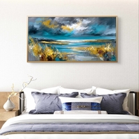 תמונת קנבס נוף ים אבסטרקט בטורקיז וזהב עם עננים דרמטיים ומריחות צבע עשירות