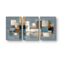 שלישיית תמונות זכוכית אבסטרקטיות בגווני כחול, בז’ וזהב בעיצוב גאומטרי מודרני למשרד או לבית