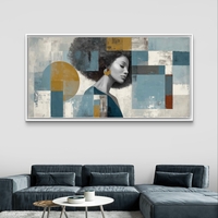 תמונת קנבס של דיוקן אישה עם רקע גיאומטרי בגווני כחול וזהב