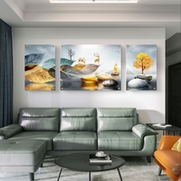 תמונת זכוכית מחולקת עם עלים מוזהבים, איילים, עץ וסירה בעיצוב טבעי מודרני