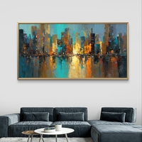 תמונת קנבס אבסטרקטית לרוחב עם קו רקיע עירוני והשתקפות מים בגווני כחול, טורקיז וזהב