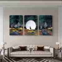 שלישיית תמונות זכוכית עם ירח מלא ואייל בנוף טבעי בגווני כחול וזהב, בעיצוב יוקרתי ומרגיע לסלון