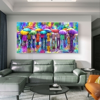 תמונת זכוכית לרוחב עם אנשים תחת מטריות צבעוניות המשתקפים במים – תכשיט לבית