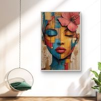 דיוקן נשי אומנותי עם עיניים עצומות ופרח בשיער בגווני טורקיז, זהב ואדמה מודפס על קנבס איכותי