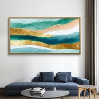 תמונת קנבס אבסטרקט טורקיז וזהב לרוחב – גלי אקוורל יוקרתיים | CJ6531