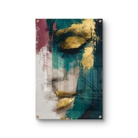 תמונת זכוכית מודרנית של דיוקן נשי מופשט בגווני תורכיז, בורדו וזהב – תכשיט לבית