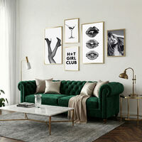 סט קנבס של חמש תמונות שחור לבן עם אייקונים של אופנה, נשיות וטקסט גרפי בעיצוב מודרני