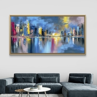 לילה בעיר – תמונת קנבס סקייליין צבעוני בכחול וצהוב עם השתקפות | CP3235