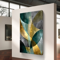 קימורים בטורקיז וזהב – תמונת קנבס אבסטרקט גיאומטרית בגווני ירוק, זהב ואפור | DC4471