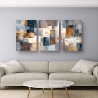 סט שלישייה של תמונות זכוכית אבסטרקטיות בגווני תכלת, שמנת וחום בעיצוב גאומטרי מודרני