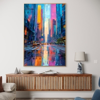 תמונת קנבס של רחוב עירוני צבעוני עם גורדי שחקים והשתקפות אורות על כביש רטוב – NEXTGEN BY BAR