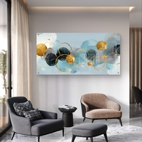 תמונת זכוכית לרוחב עם כתמי כחול ומעגלי זהב במראה אבסטרקטי מודרני, הדפסה חלקה ללא תבליט