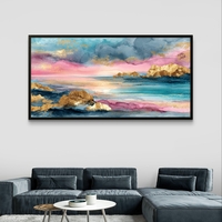 תמונת קנבס אקוורל נוף ים ורוד וטורקיז עם זהב – קנבס מודרני לרוחב--דגם CC4564