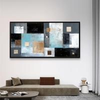 CK7121 — תמונת קנבס אבסטרקטית עם בלוקים גיאומטריים בגווני תכלת, שחור ובז׳