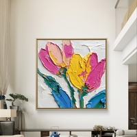 תמונת קנבס פרחי טוליפ צבעוניים בסגנון אימפסטו עם ורוד, צהוב וכחול וטקסטורה עבה