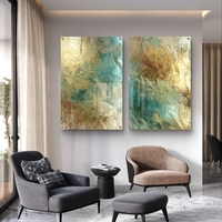 תמונת זכוכית זוגית בעיצוב אבסטרקטי עם שילוב זהב וטורקיז במראה יוקרתי