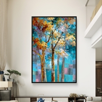 תמונת קנבס עם עצים אמנותיים בגווני תכלת, טורקיז וזהב, בעיצוב מודרני ומרגיע לבית
