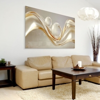 תמונת זכוכית לרוחב עם גלים מוזהבים ואלמנטים עגולים בעיצוב מודרני ויוקרתי מתוך קולקציית תכשיט לבית.