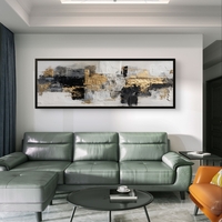 תמונת קנבס פנורמית אבסטרקטית בגווני שחור, לבן ואפור עם נגיעות זהב בעיצוב מודרני ויוקרתי