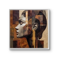 תמונת קנבס מרובעת עם דיוקן נשי אבסטרקטי בפרופיל, בגווני חום, בז’ וזהב, הדפסה חלקה ללא תבליט
