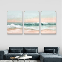 שלשת תמונות זכוכית חוף פסטלי בגווני טורקיז, שמנת ואפרסק – דגם GG5471