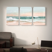 שלשת תמונות זכוכית חוף פסטלי בגווני טורקיז, שמנת ואפרסק – דגם GG5471
