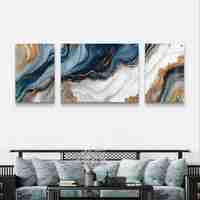 תמונת זכוכית מחולקת אבסטרקטית בגווני כחול, לבן ואפור עם נגיעות זהב ועיצוב זורם