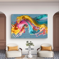 תמונת זכוכית אבסטרקטית עם גל צבעים דינמי בגווני טורקיז, צהוב וורוד בעיצוב מודרני