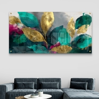 תמונת זכוכית לרוחב עם עלי זהב ורקע טורקיז אבסטרקטי – תכשיט לבית