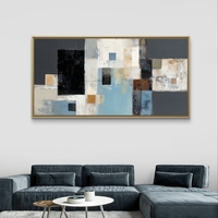 תמונת קנבס לרוחב בסגנון אבסטרקטי מודרני בגווני תכלת, אפור ובז’ בעיצוב נקי ויוקרתי לסלון