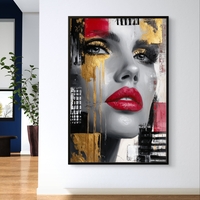 תמונת קנבס פורטרט אישה שחור לבן עם שפתיים אדומות ונגיעות זהב