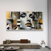 תמונת קנבס לרוחב עם דיוקן נשי אבסטרקטי ונגיעות זהב בגווני שחור, לבן ואפור, בהדפסה חלקה לעיצוב מודרני ויוקרתי.