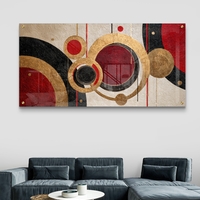 תמונת זכוכית לרוחב בעיצוב גאומטרי עם מעגלים בגווני זהב, אדום ושחור – תכשיט לבית