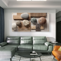 תמונת זכוכית לרוחב עם אבנים טבעיות וטקסטורת עץ בעיצוב מינימליסטי רגוע