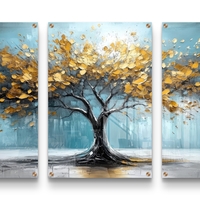 תמונת זכוכית שלישייה עם עץ זהוב על רקע כחול טורקיז בעיצוב מודרני