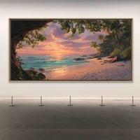 תמונת קנבס לרוחב של חוף טרופי בשקיעה עם עצי קוקוס, גלים וצבעי זהב וטורקיז – NEXTGEN BY BAR