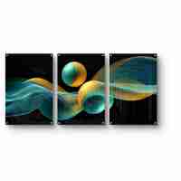 שלישיית תמונות זכוכית אבסטרקטיות עם גלים וכדורים בגווני טורקיז וזהב על רקע שחור