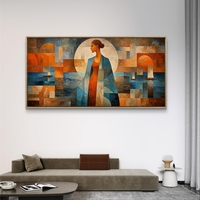 תמונת קנבס לרוחב עם דמות נשית אבסטרקטית בגווני כחול וכתום בעיצוב אומנותי מודרני לסלון