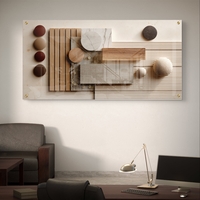 תמונת זכוכית לרוחב בעיצוב אבסטרקטי גאומטרי עם טקסטורות המדמות עץ ואבן בגווני בז׳ וחום, בהדפסה חלקה לעיצוב קיר מודרני ויוקרתי.